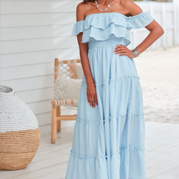Lascana Dresses & Skirts - Lascana (Victoria Secret) Light Blue off the shoulder tiered Maxi Dress